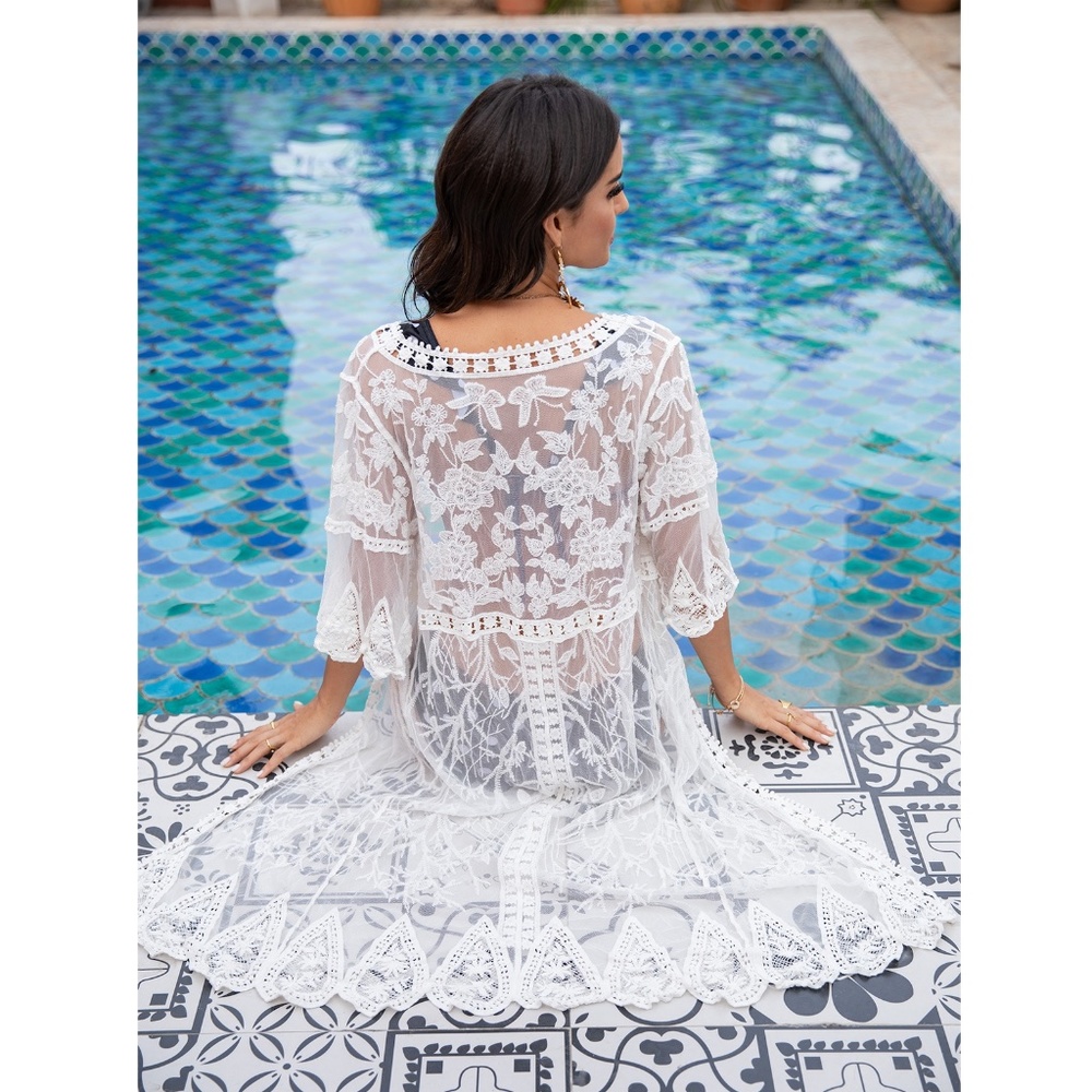 White Lace Boho Coverup Embroidered Kimono - Picture 2 of 8